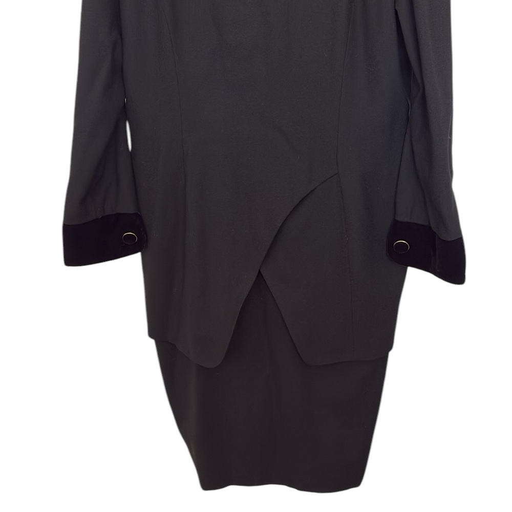 Gillian Wool Vintage Black Dress, velvet sleeve cuffs, layered/tiered styling,14